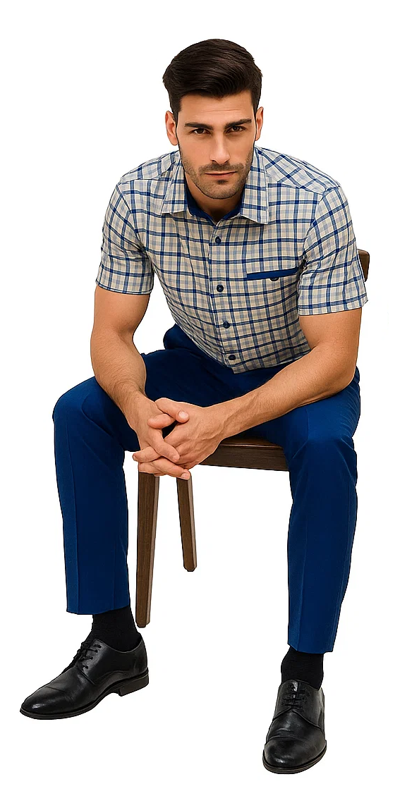 Men's plaid walking suit: light beige short-sleeve shirt with blue/navy checks, breast pocket, and pointed collar. Slim-fit solid blue trousers. Paired with black leather shoes.
