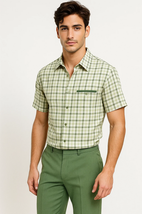 Men's plaid walking suit: sage green short-sleeve shirt with checkered pattern, collar, buttons, and chest pocket. Matching tailored sage green trousers. Fitted silhouette for casual/semi-formal wear.

