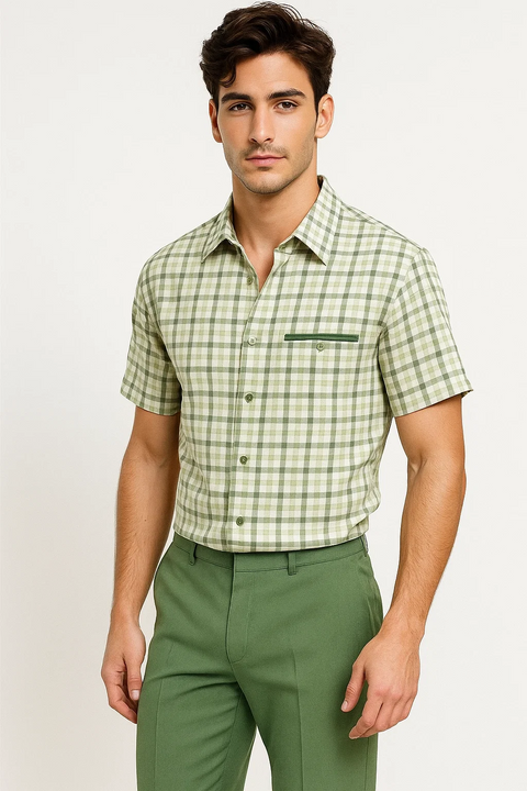 Mens Plaid Walking Suit in Sage by Dreams by Zacchi – 2 Piece Leisure Outfit with Matching Shirt and Pants - $99