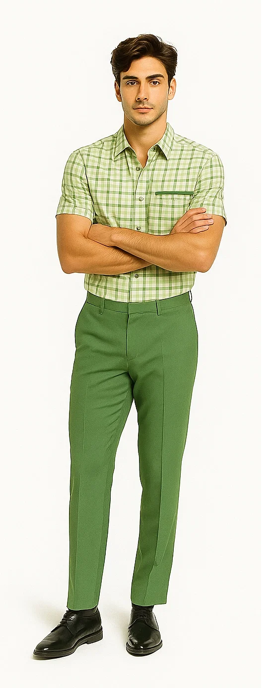 Men's sage plaid walking suit. Short-sleeved, button-up shirt with green & white check, chest pocket. Tapered, solid sage trousers. Lightweight, smooth fabric.
