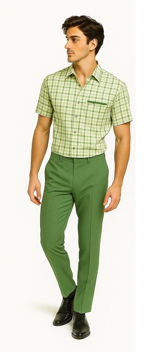 Sage men's walking suit: short-sleeve, collared shirt in light & dark green plaid, paired with fitted green trousers.
