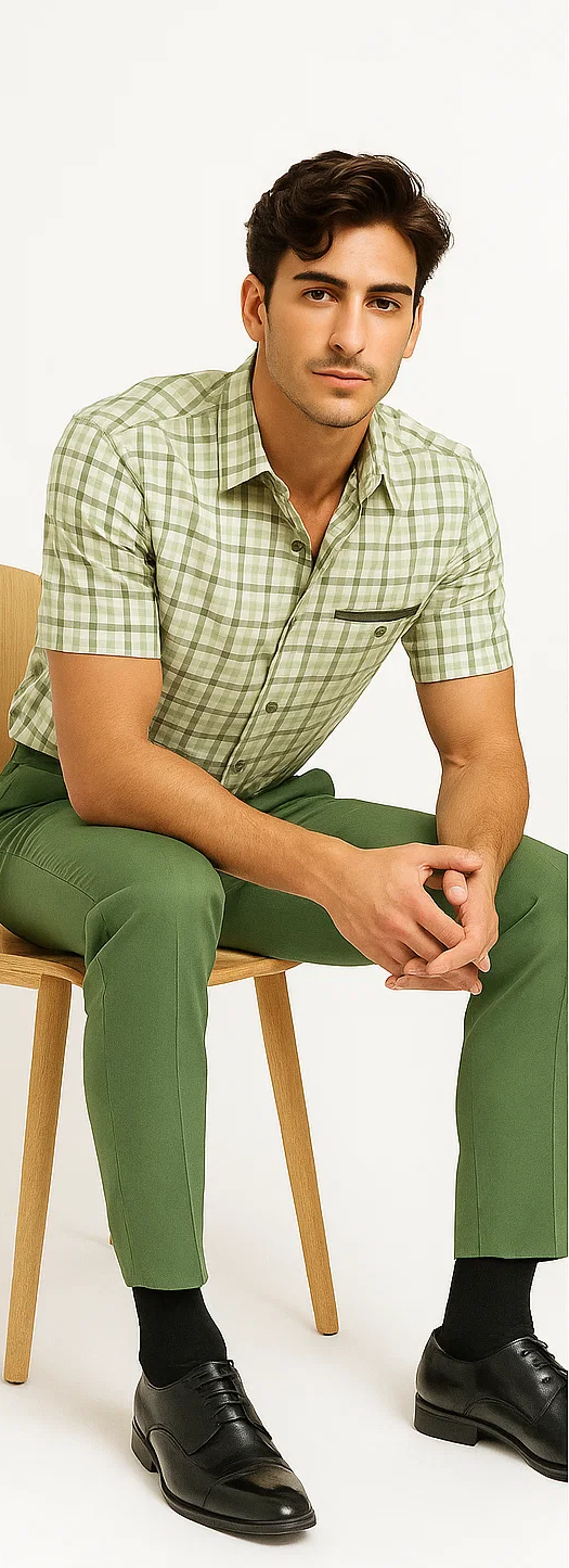 Men's sage plaid walking suit: short-sleeved green plaid shirt with pointed collar/pocket, paired with slim-fit solid sage trousers. Light/dark green checkered shirt, matching sage pants. Cohesive look.
