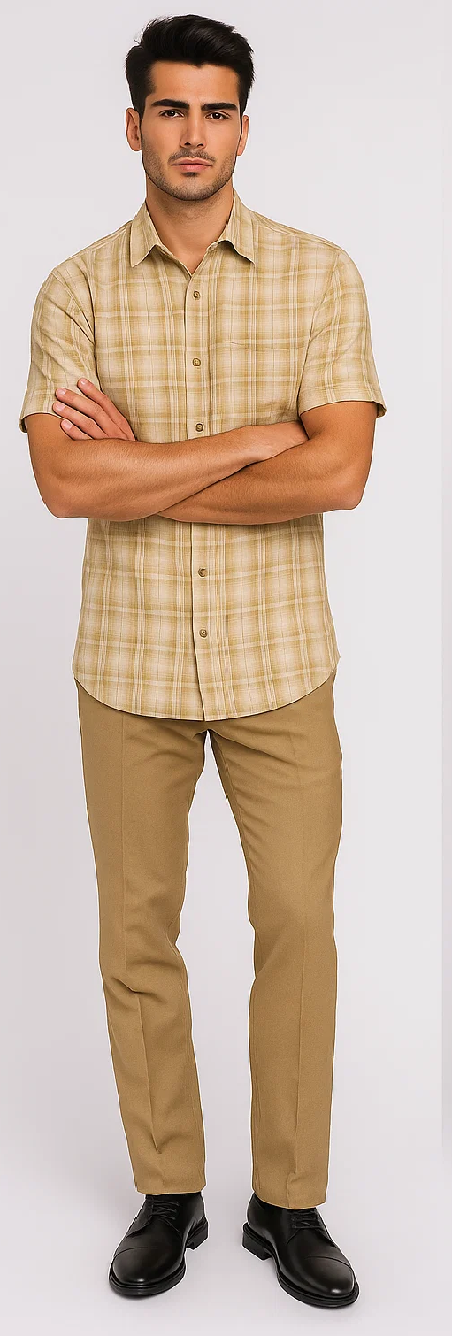 Tan plaid walking suit: short-sleeve shirt with spread collar and buttons, paired with tailored, lightweight tan pants. Warm neutral color palette.
