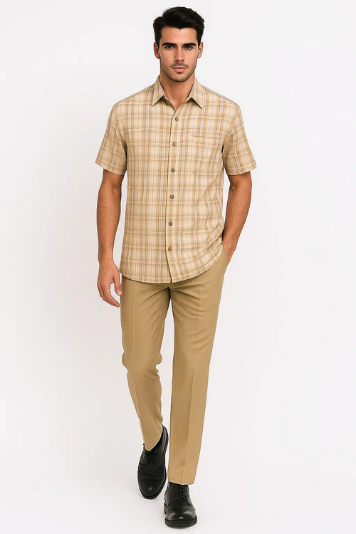 Men's tan plaid walking suit. Short-sleeved, button-up shirt with tan checked pattern. Tailored, straight-leg trousers in matching tan. A cohesive, stylish ensemble.
