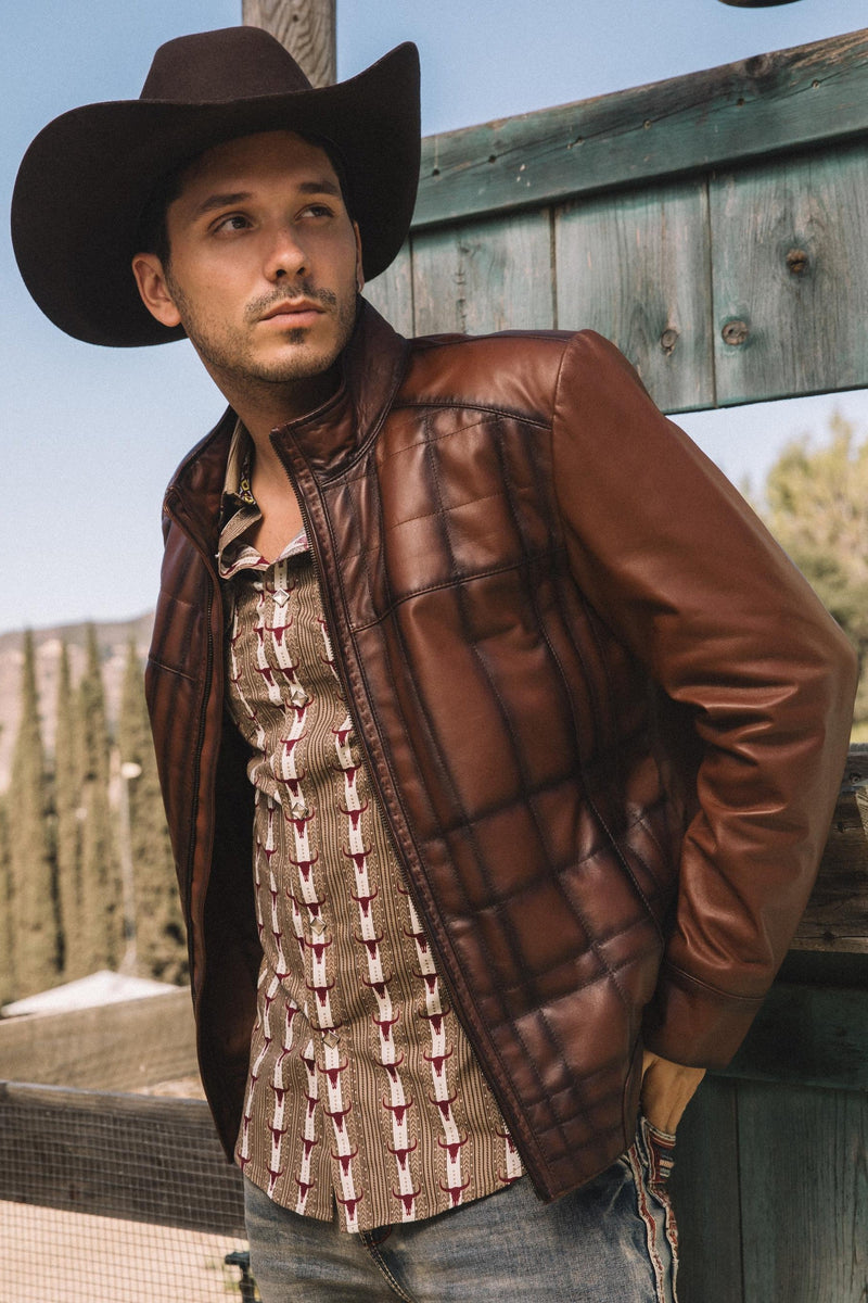Mens Platini Brown Western Leather Jacket - Vintage Cowboy Style
