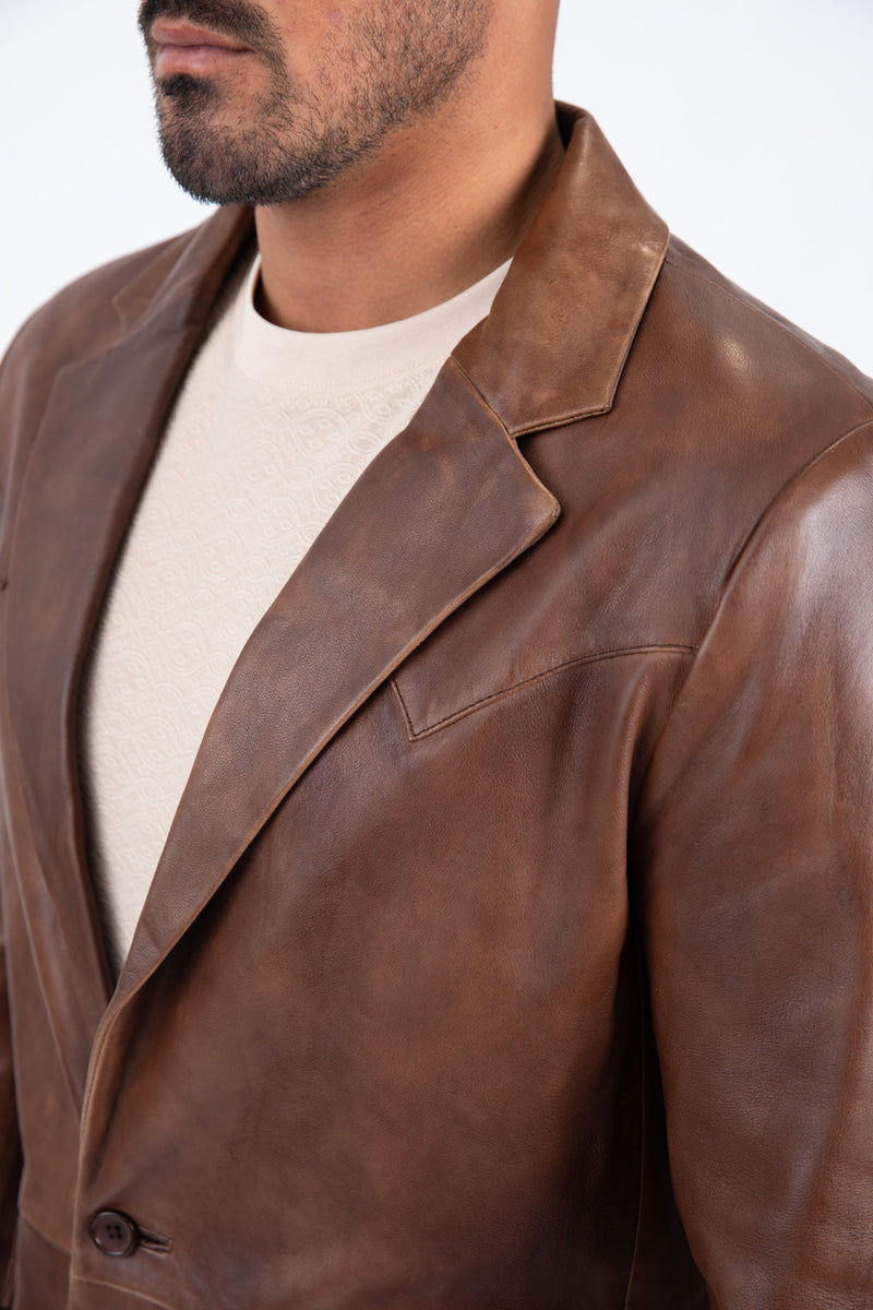Mens Platini Western Leather Jacket Brown - Vintage Cowboy Style