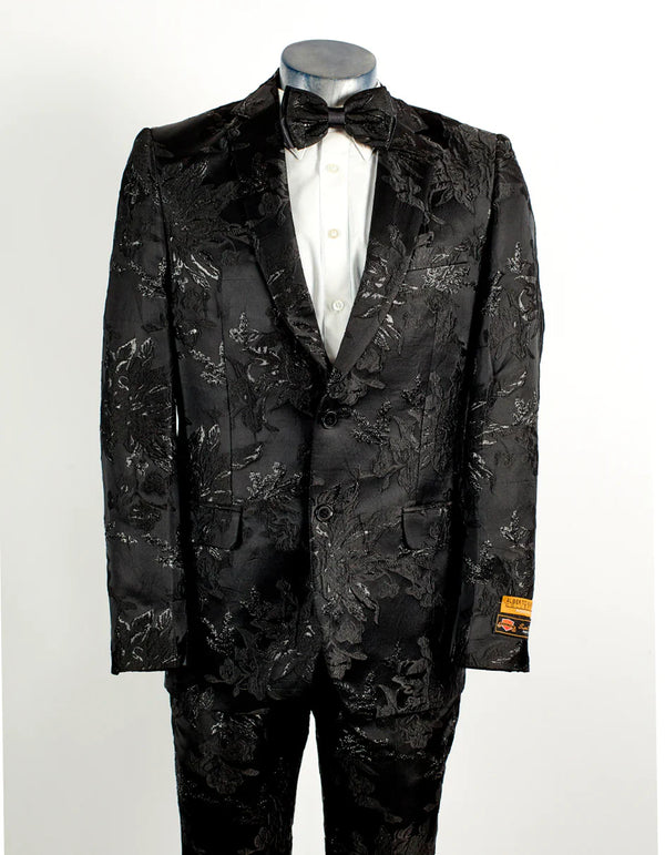 Mens Prom Tuxedo Suit Black Shiny Floral Prom Suit - AlbertoNardoniStore