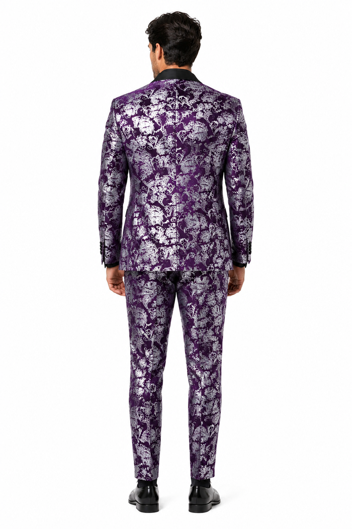 Mens Purple and White Paisley Floral Brocade Tuxedo Jacket - Suit with Satin Lapel Wtih Black Pants