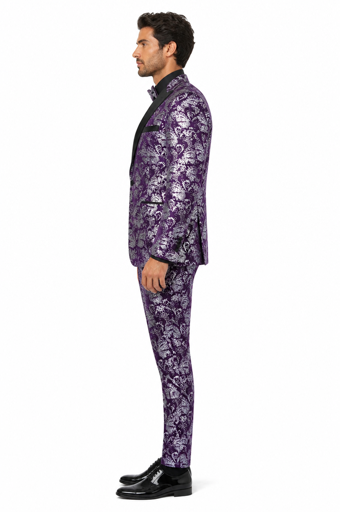Mens Purple and White Paisley Floral Brocade Tuxedo Jacket - Suit with Satin Lapel Wtih Black Pants