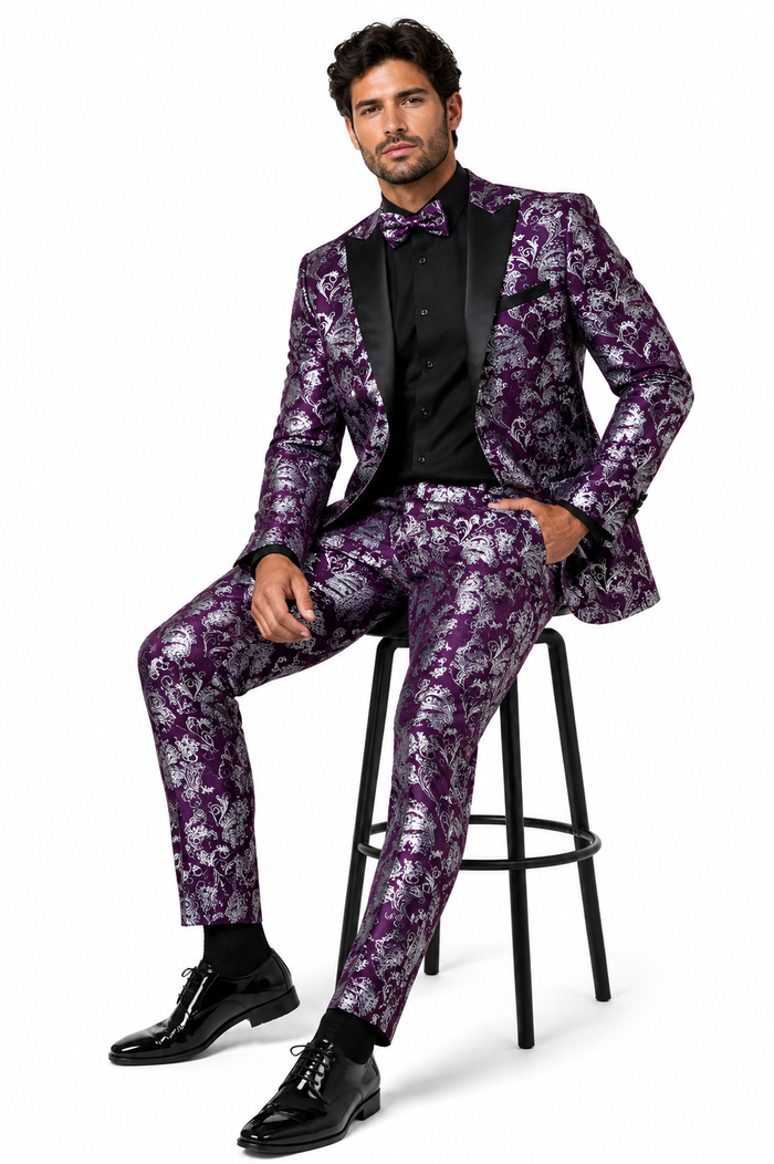 Mens Purple and White Paisley Floral Brocade Tuxedo Jacket - Suit with Satin Lapel Wtih Black Pants