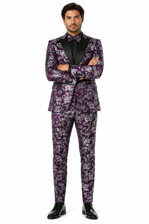 Mens Purple and White Paisley Floral Brocade Tuxedo Jacket - Suit with Satin Lapel Wtih Black Pants