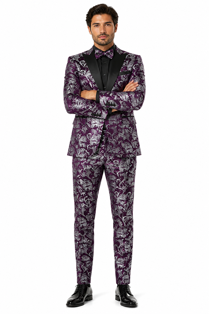 Mens Purple and White Paisley Floral Brocade Tuxedo Jacket - Suit with Satin Lapel Wtih Black Pants