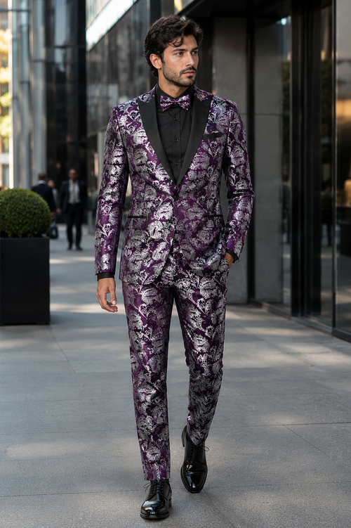 Mens Purple and White Paisley Floral Brocade Tuxedo Jacket - Suit with Satin Lapel Wtih Black Pants