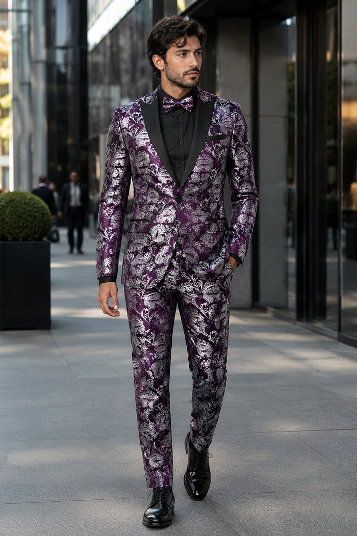 Mens Purple and White Paisley Floral Brocade Tuxedo Jacket - Suit with Satin Lapel Wtih Black Pants