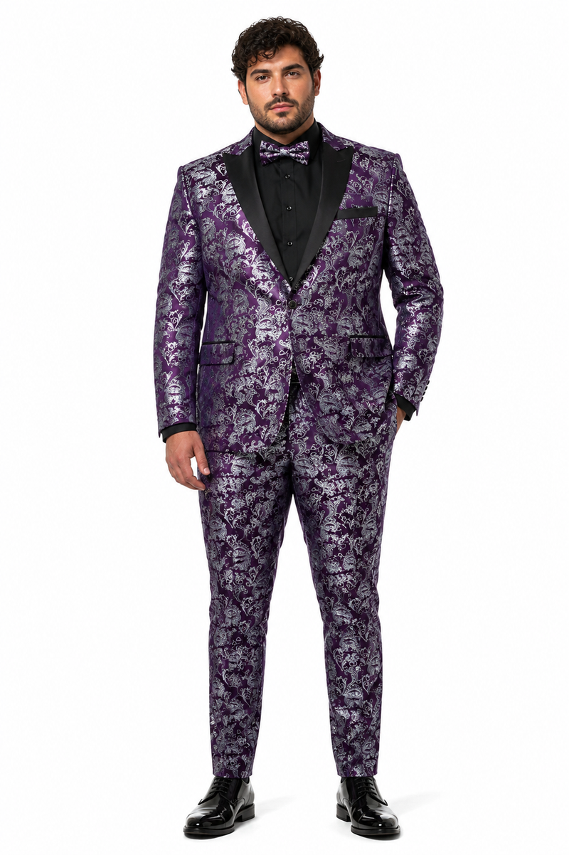 Mens Purple and White Paisley Floral Brocade Tuxedo Jacket - Suit with Satin Lapel Wtih Black Pants