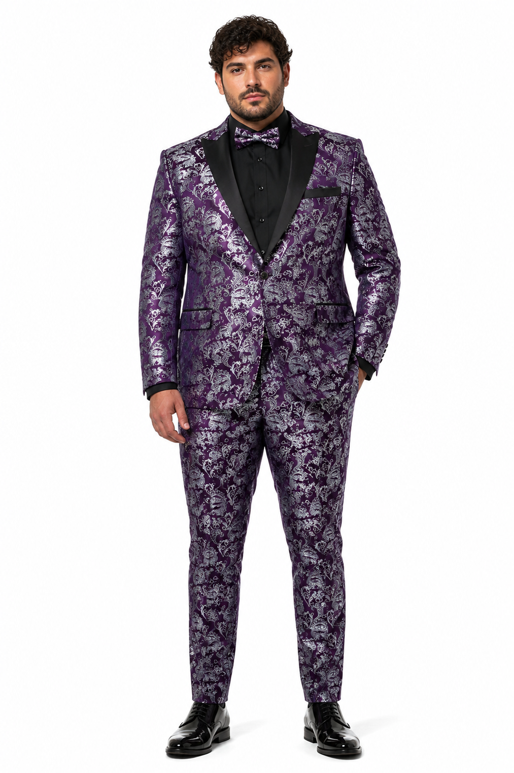 Mens Purple and White Paisley Floral Brocade Tuxedo Jacket - Suit with Satin Lapel Wtih Black Pants