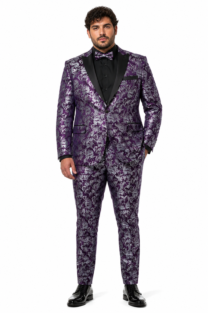 Mens Purple and White Paisley Floral Brocade Tuxedo Jacket - Suit with Satin Lapel Wtih Black Pants