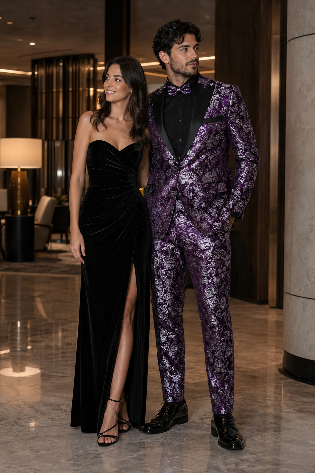 Mens Purple and White Paisley Floral Brocade Tuxedo Jacket - Suit with Satin Lapel Wtih Black Pants