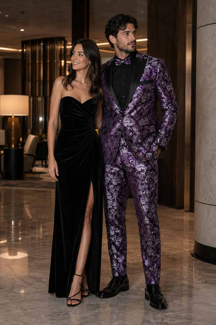 Mens Purple and White Paisley Floral Brocade Tuxedo Jacket - Suit with Satin Lapel Wtih Black Pants