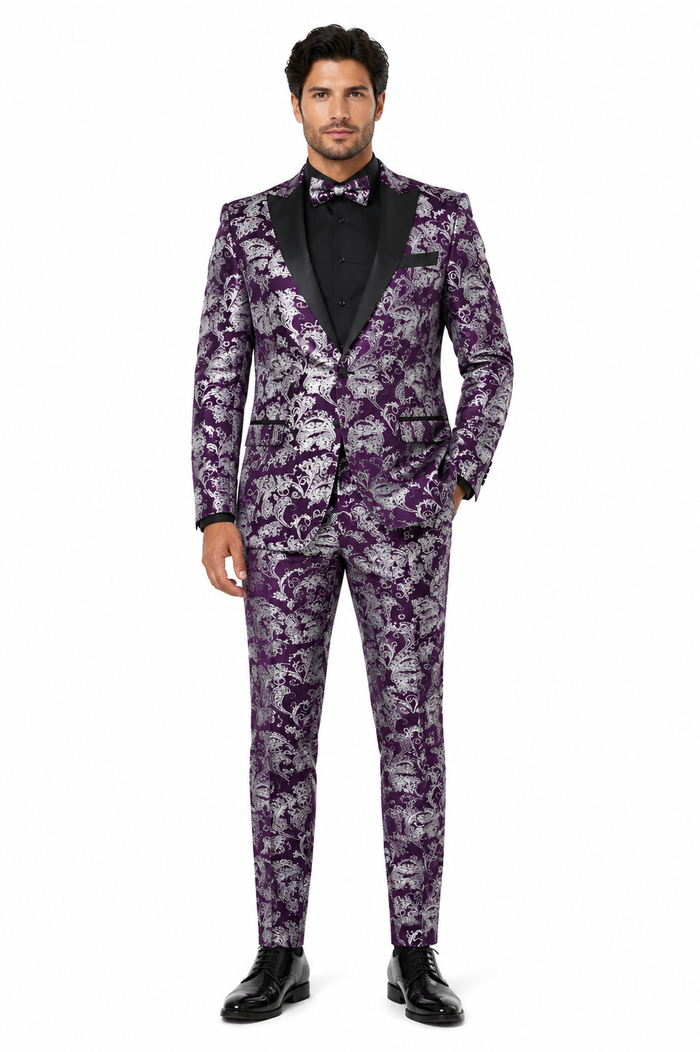 Mens Purple and White Paisley Floral Brocade Tuxedo Jacket - Suit with Satin Lapel Wtih Black Pants