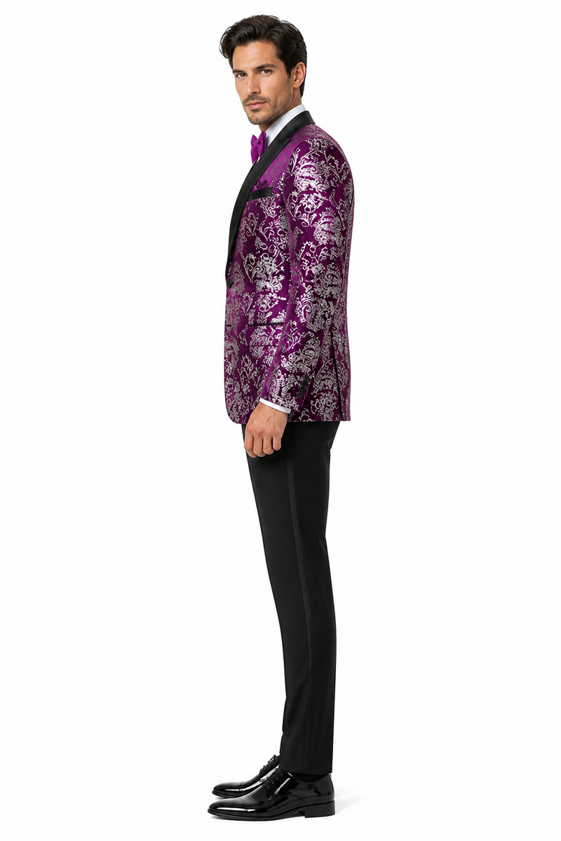 Men's Purple and White Twotoned  Paisley Tuxedo Jacket with Black Satin Lapel â€“ Formal Prom and Wedding Blazer