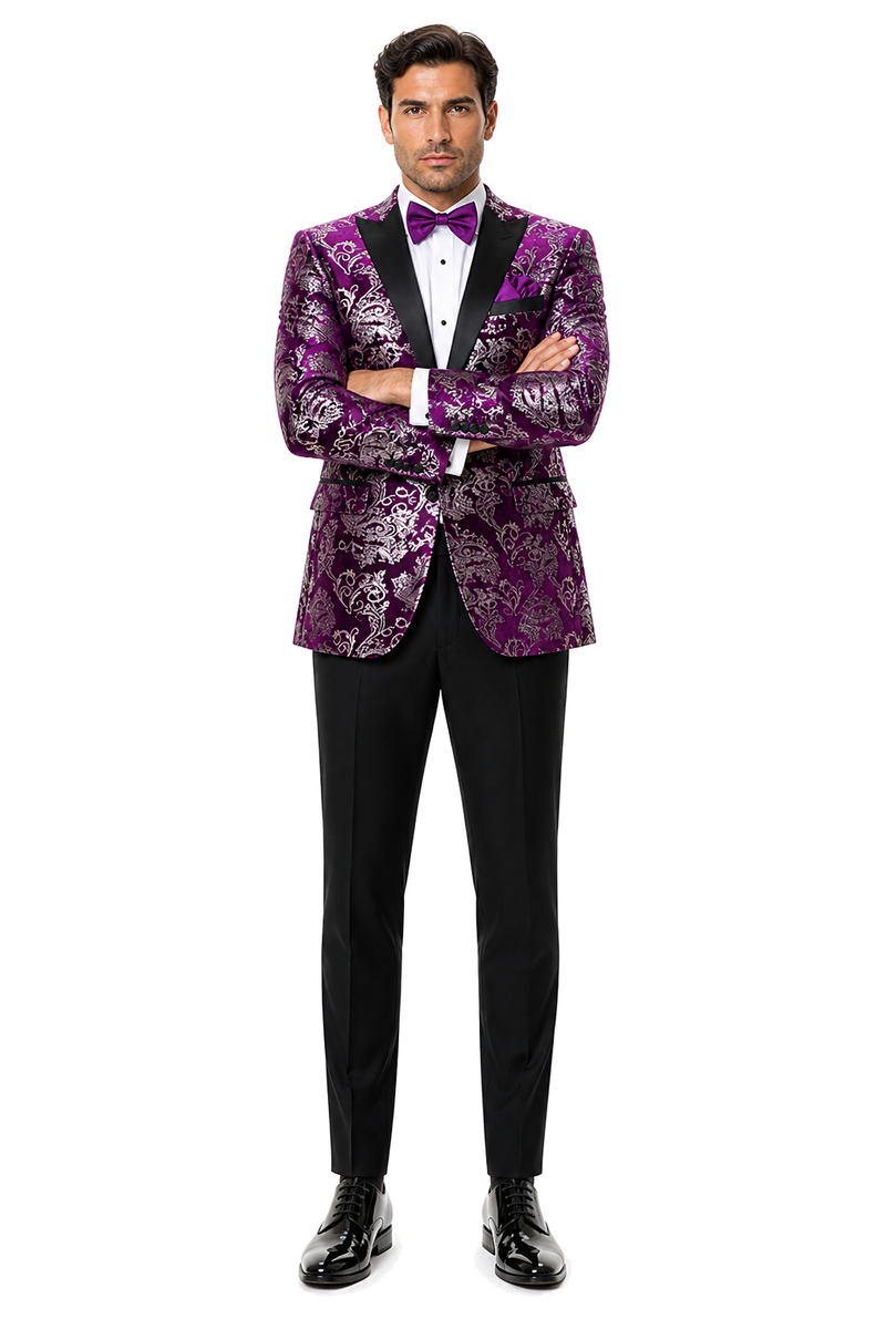 Men's Purple and White Twotoned  Paisley Tuxedo Jacket with Black Satin Lapel â€“ Formal Prom and Wedding Blazer