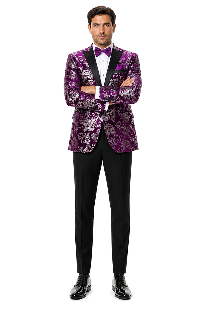Men's Purple and White Twotoned  Paisley Tuxedo Jacket with Black Satin Lapel â€“ Formal Prom and Wedding Blazer