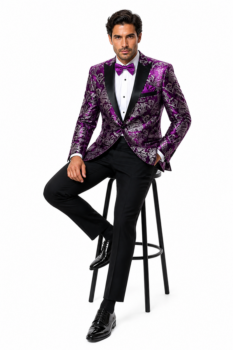 Men's Purple and White Twotoned  Paisley Tuxedo Jacket with Black Satin Lapel â€“ Formal Prom and Wedding Blazer