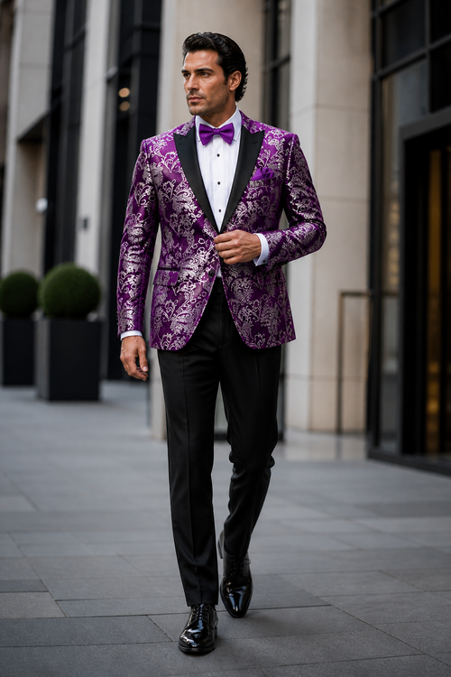 Men's Purple and White Twotoned  Paisley Tuxedo Jacket with Black Satin Lapel â€“ Formal Prom and Wedding Blazer