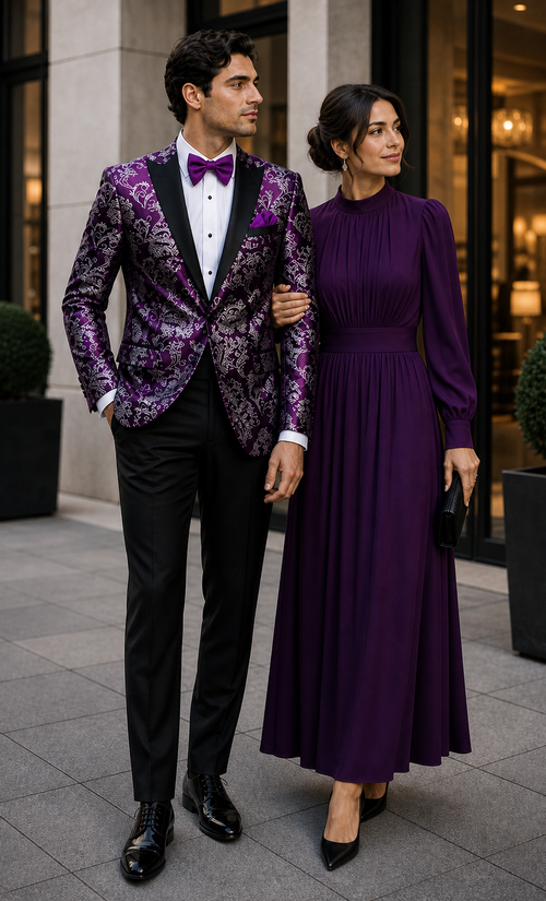 Men's Purple and White Twotoned  Paisley Tuxedo Jacket with Black Satin Lapel â€“ Formal Prom and Wedding Blazer