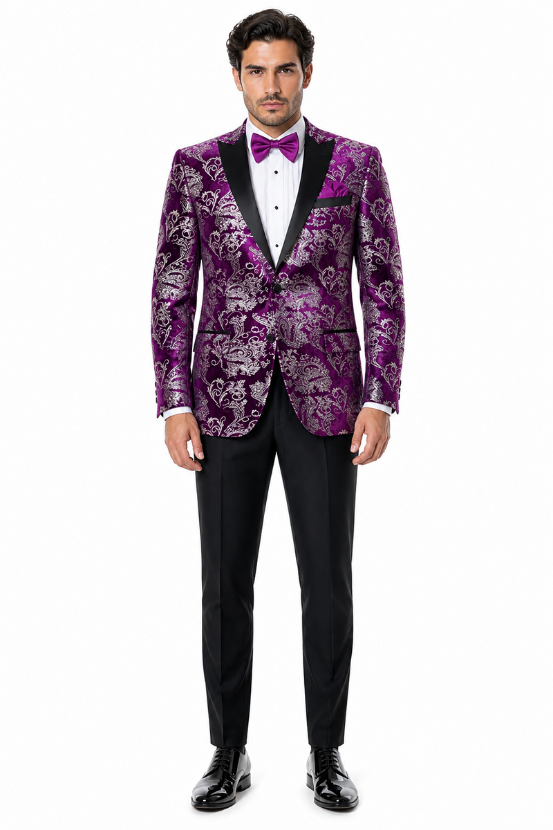 Men's Purple and White Twotoned  Paisley Tuxedo Jacket with Black Satin Lapel â€“ Formal Prom and Wedding Blazer