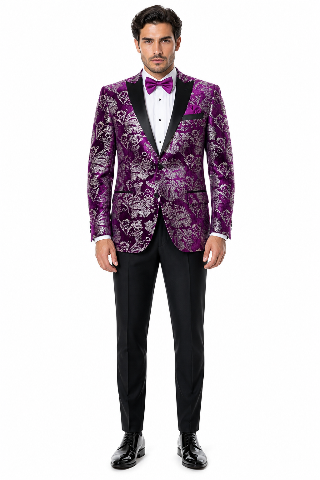Men's Purple and White Twotoned  Paisley Tuxedo Jacket with Black Satin Lapel â€“ Formal Prom and Wedding Blazer