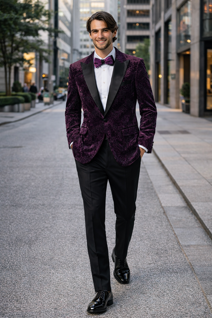 Men’s Designer Purple Velvet Studded Tuxedo Jacket – Formal Prom and Wedding Wear