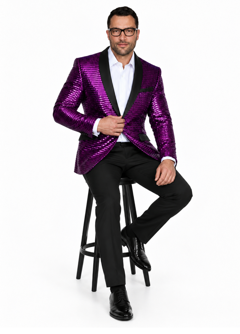 Men's Purple Shiny Sequin Paisley Blazer Dinner Jacket Sport Coat