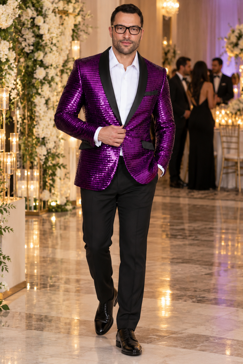 Men's Purple Shiny Sequin Paisley Blazer Dinner Jacket Sport Coat
