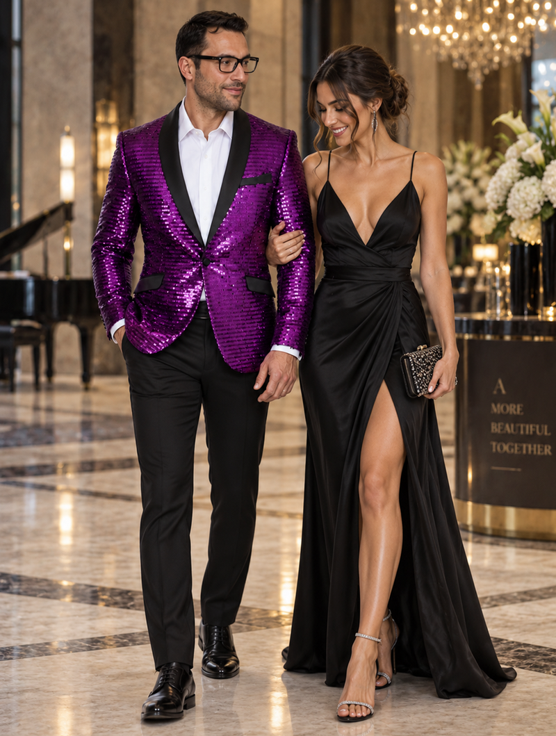Men's Purple Shiny Sequin Paisley Blazer Dinner Jacket Sport Coat