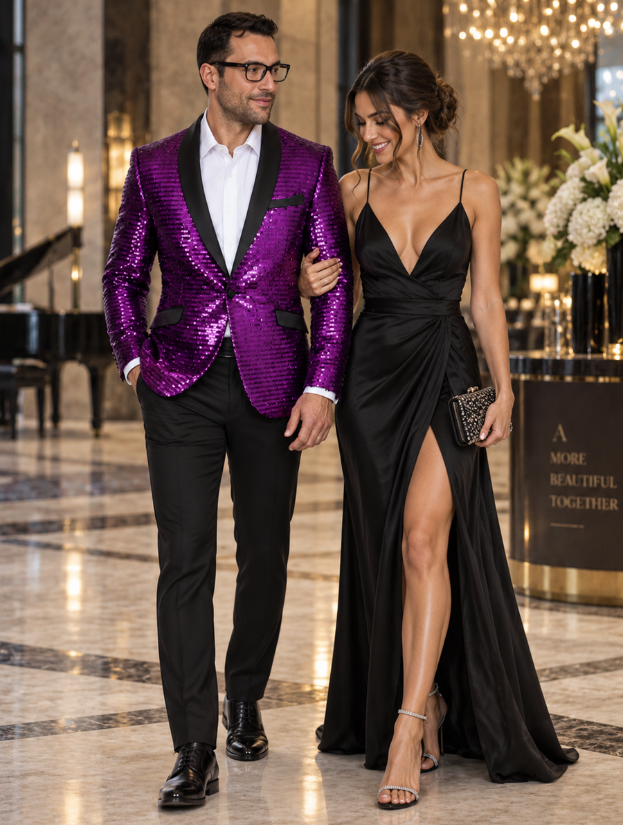Men's Purple Shiny Sequin Paisley Blazer Dinner Jacket Sport Coat