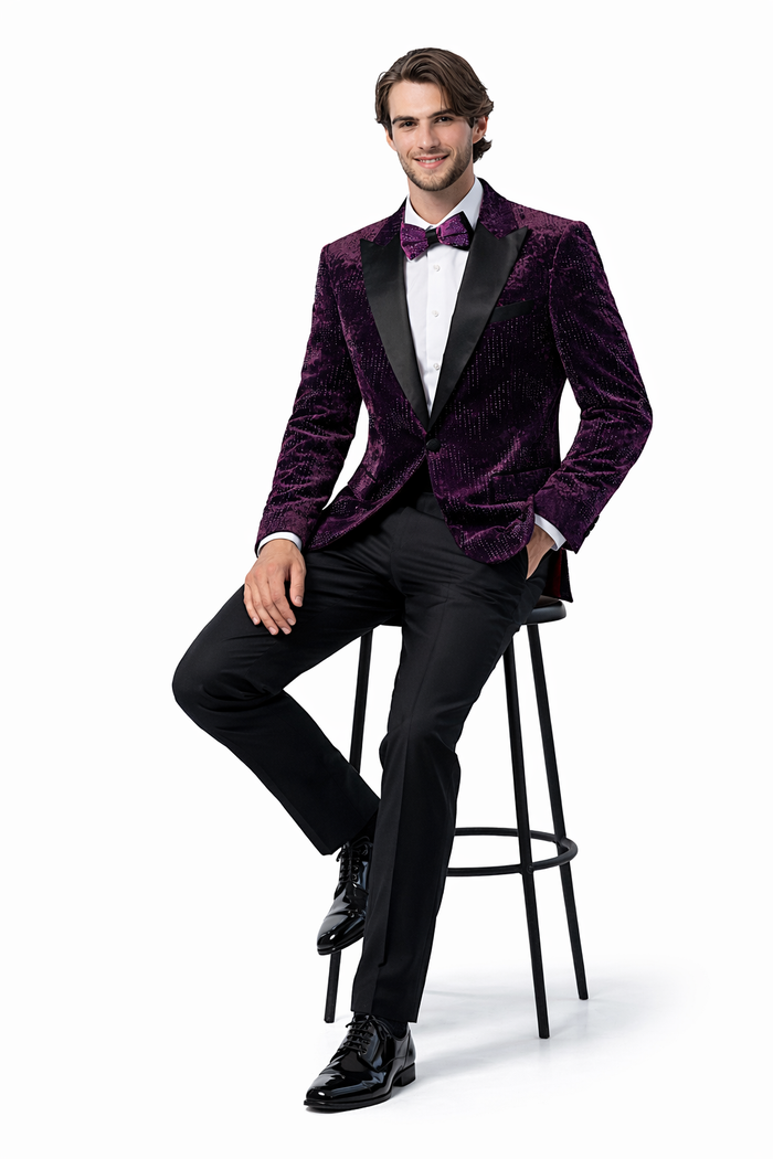 Men’s Designer Purple Velvet Studded Tuxedo Jacket – Formal Prom and Wedding Wear