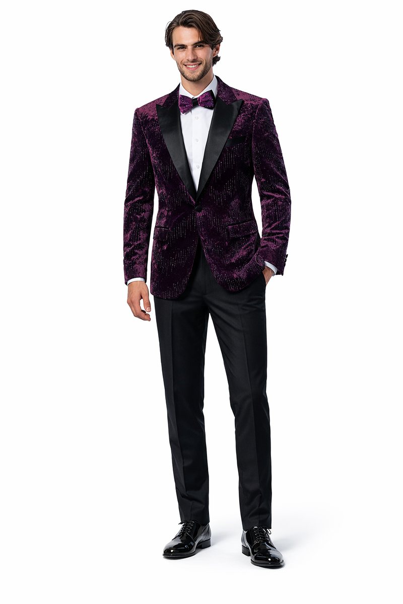 Men’s Designer Purple Velvet Studded Tuxedo Jacket – Formal Prom and Wedding Wear