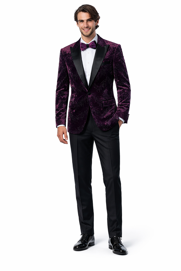Men’s Designer Purple Velvet Studded Tuxedo Jacket – Formal Prom and Wedding Wear