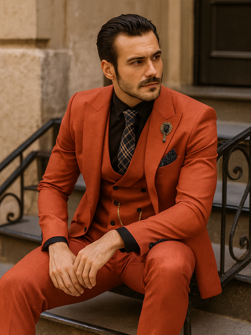 Luxury Men’s Red Suit with Vest – Modern Formal Attire