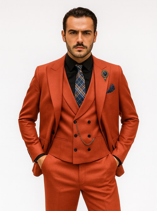 Luxury red men's suit: double-breasted jacket, tailored vest, matching trousers. Modern formal silhouette with smooth, slightly shiny fabric. Includes black shirt, patterned tie, and pocket square.
