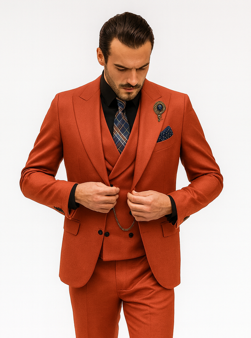 Luxury Men’s Red Suit with Vest – Modern Formal Attire