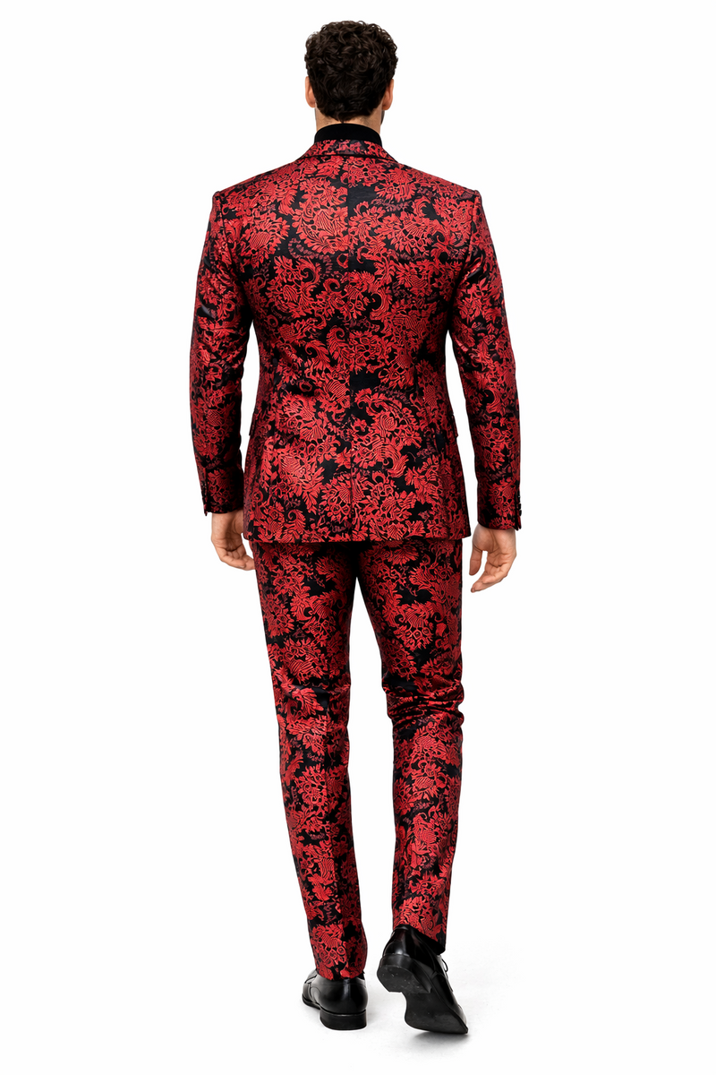 Mens Red and Black Floral Brocade Tuxedo Suit â€“ Two Piece Slim Fit Set