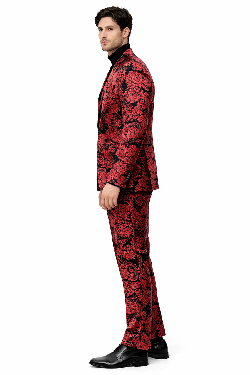 Mens Red and Black Floral Brocade Tuxedo Suit â€“ Two Piece Slim Fit Set