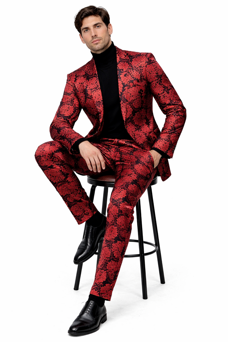 Mens Red and Black Floral Brocade Tuxedo Suit â€“ Two Piece Slim Fit Set