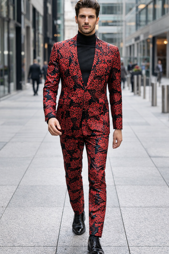 Mens Red and Black Floral Brocade Tuxedo Suit â€“ Two Piece Slim Fit Set