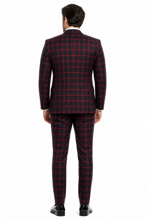 Mens Red and Black Plaid Double-Breasted Suit â€“ Slim Fit Checkered 2 Piece Formal Business Outfit