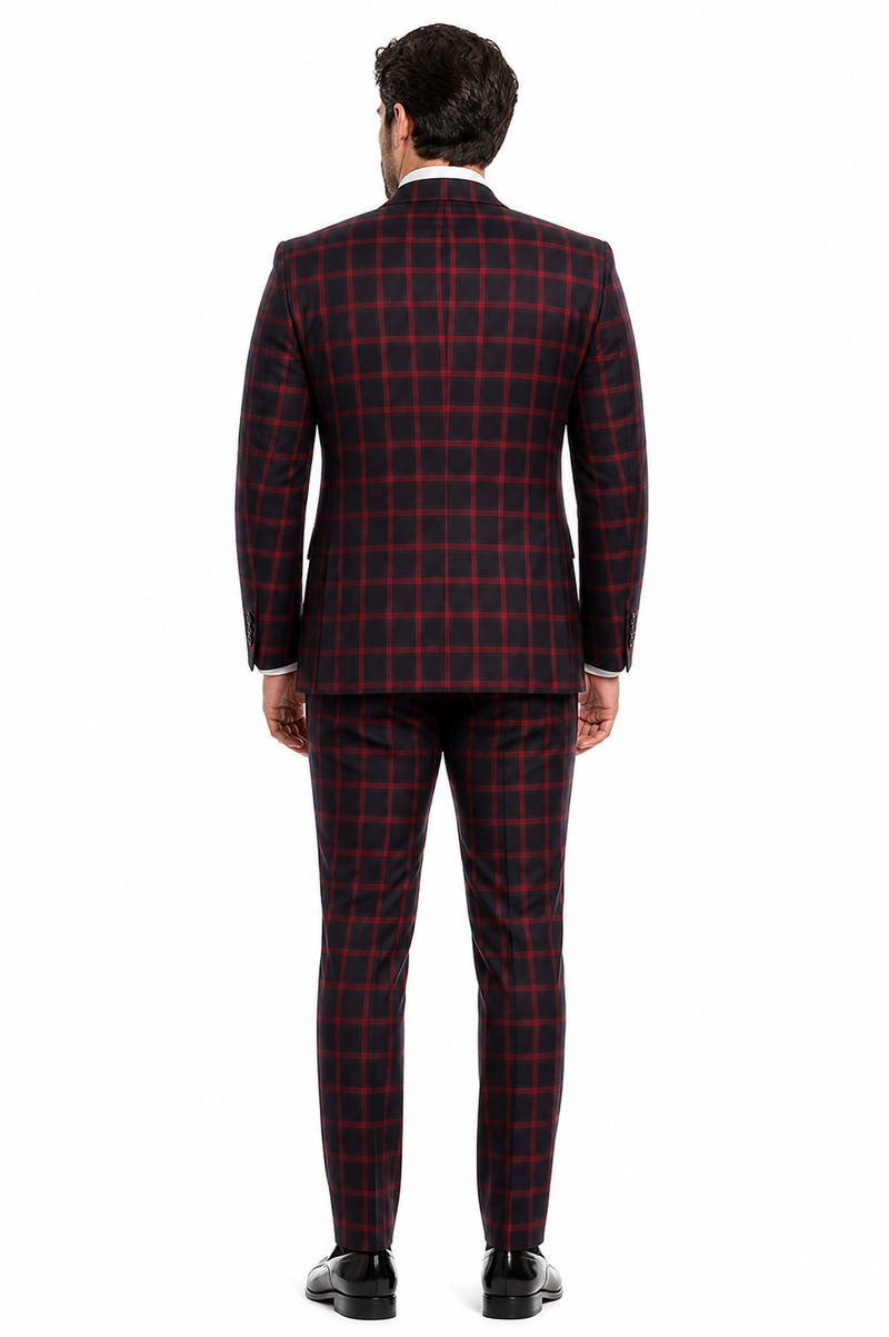 Mens Red and Black Plaid Double-Breasted Suit â€“ Slim Fit Checkered 2 Piece Formal Business Outfit