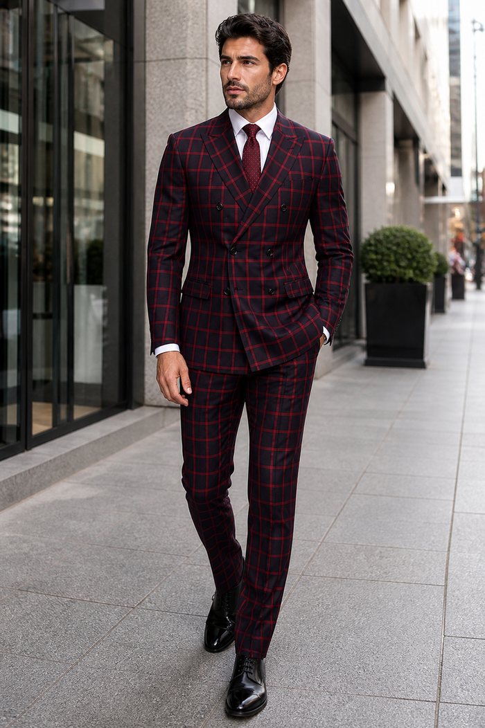 Mens Red and Black Plaid Double-Breasted Suit â€“ Slim Fit Checkered 2 Piece Formal Business Outfit